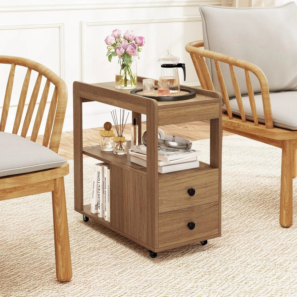 Tavolino da divano, contenitore con 2 cassetti e scaffali aperti, supporto per stampante con ruote, comodino, sottile, per ufficio, 65 x 30 x 62 cm (marrone)