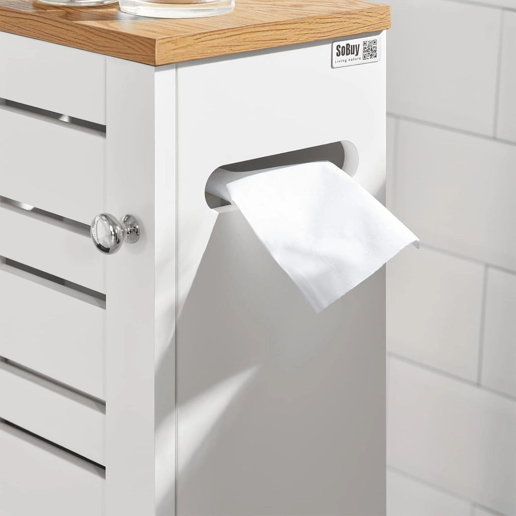 Armadio da Bagno Stretto – Mobiletto Salvaspazio in Legno – Porta Rotolo Freestanding per WC, Mobile da Bagno Resistente all'Umidità, Bianco-Naturale, 20x75x18 cm, BZR85-W