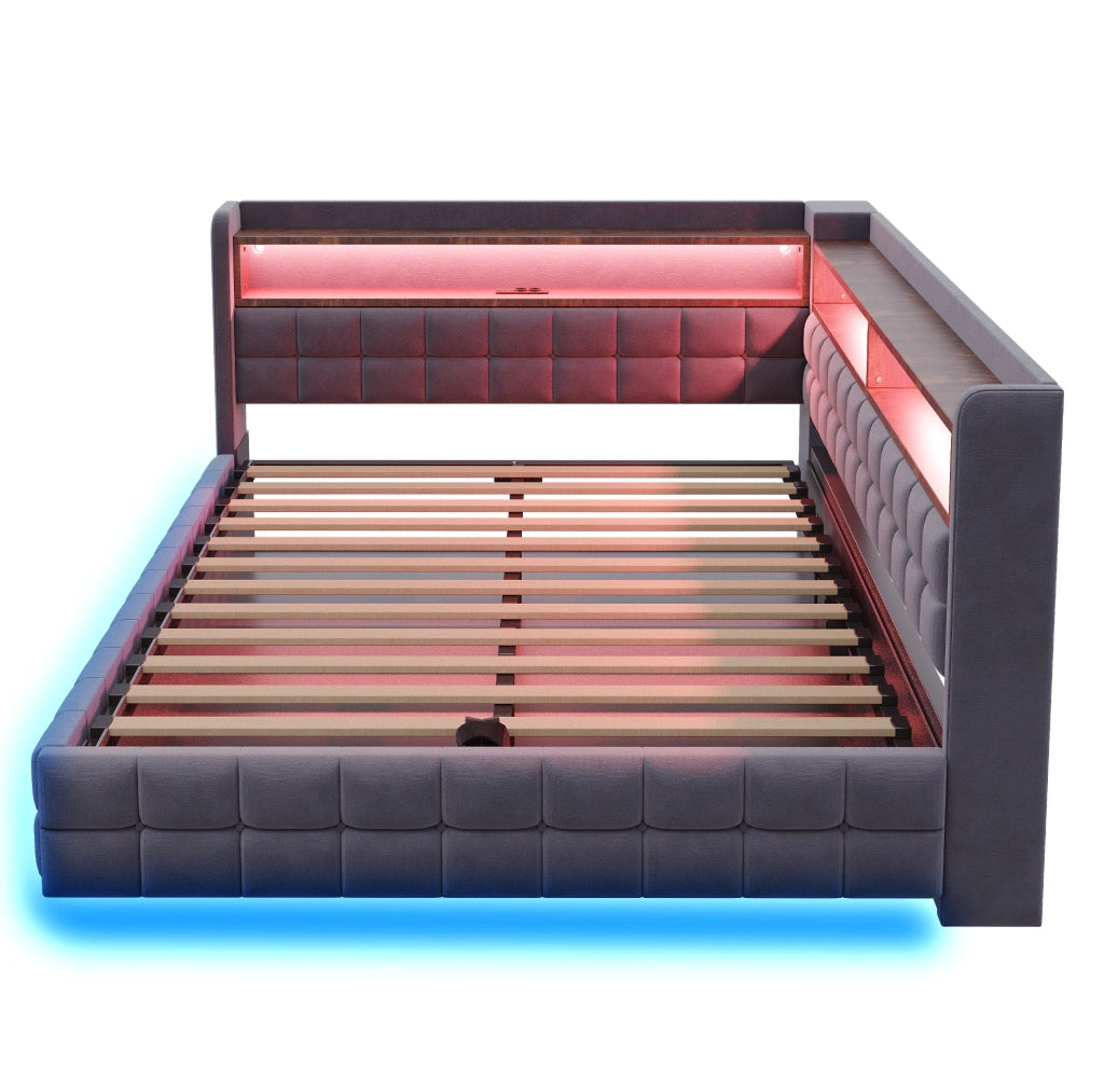 Divano letto imbottito 140x200 cm con LED e vano contenitore
