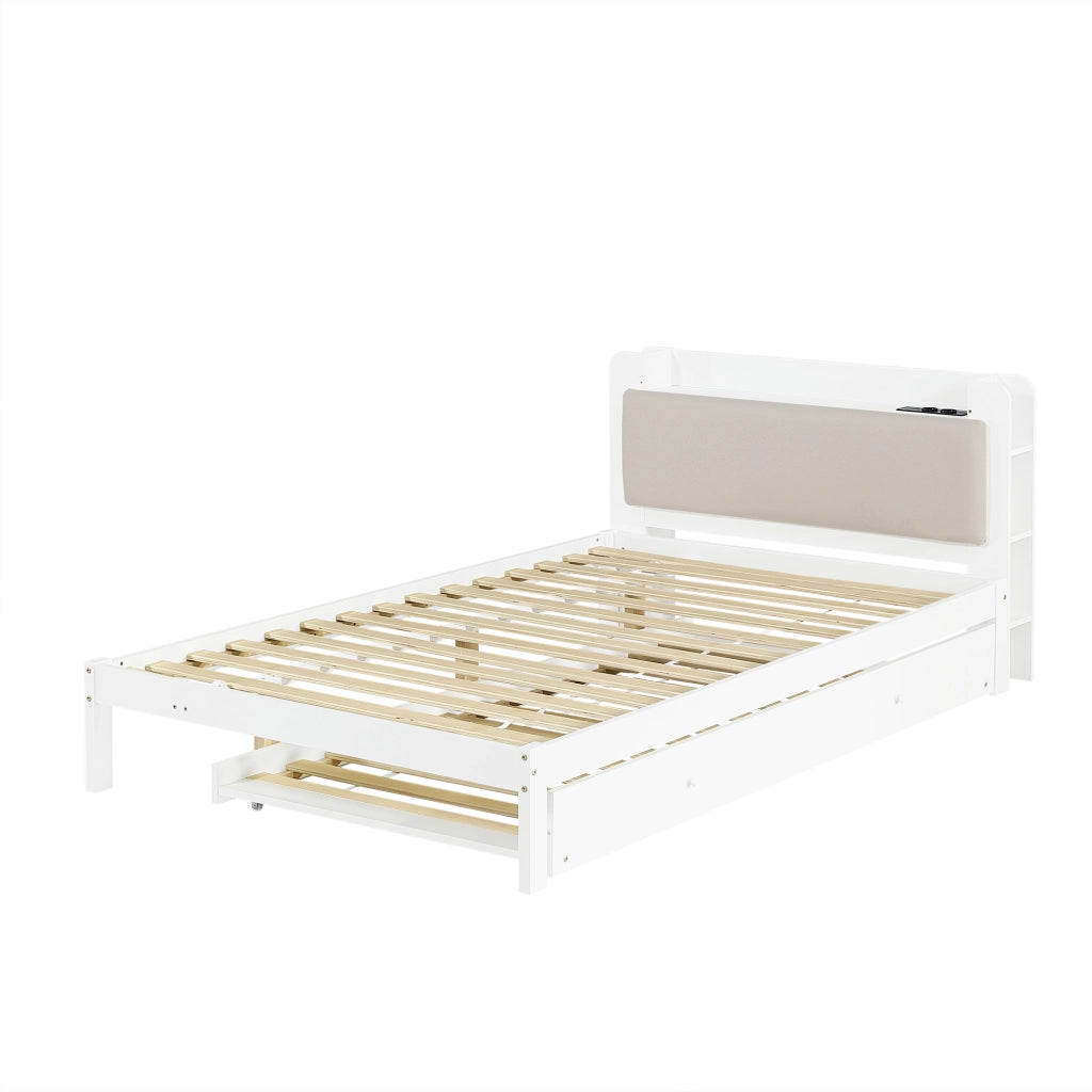 Letto Estraibile 120x200 cm; Letto 2 Posti con Stazione di Ricarica e Mensole - Bianco