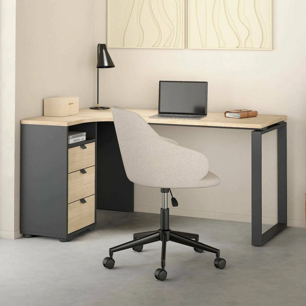 Scrivania Medard, Scrittoio multiuso, Tavolo per ufficio porta PC, Piano di lavoro, 150x100 h76 cm, Rovere e Grigio