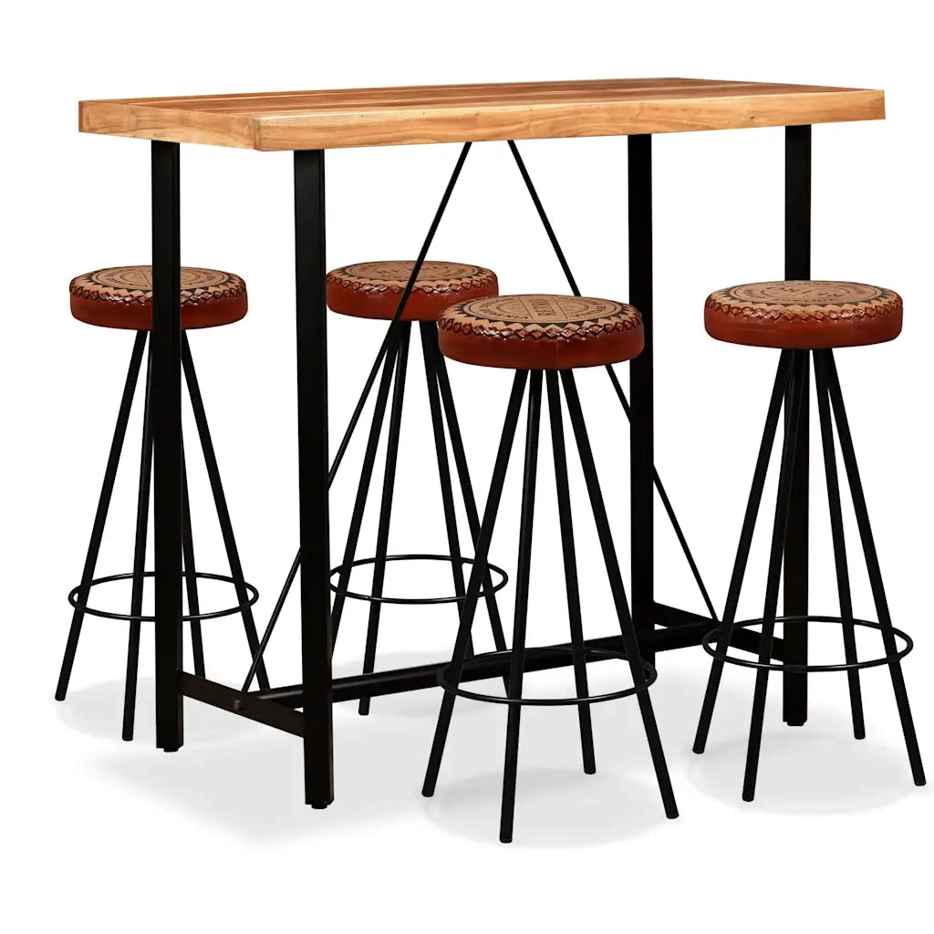 Set da Bar 5 pz in Legno Massello Acacia in Vera Pelle e Tela cod mxl 23024