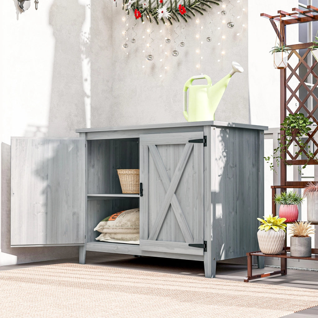 Armadio da giardino in legno con ripiani e doppie ante ¨C zephmum ¨C 110x60x88.5 cm grigio chiaro