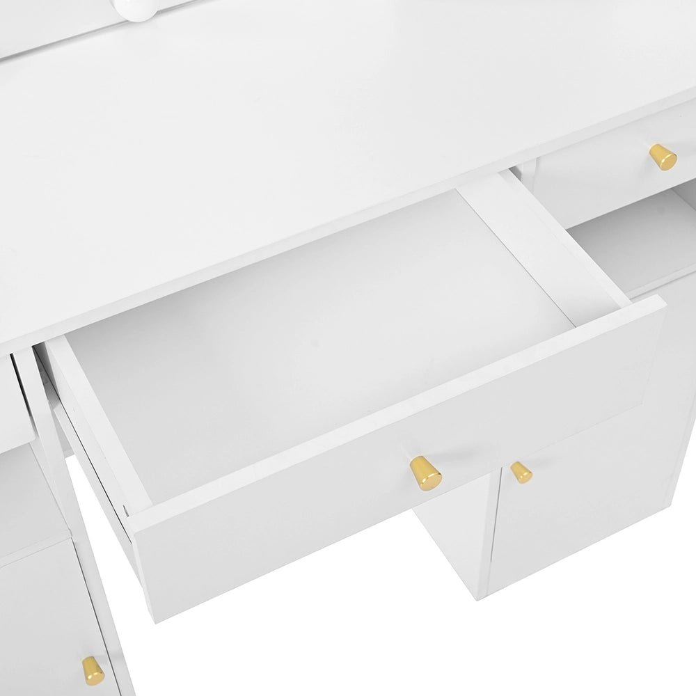 Toilette con illuminazione LED regolabile - Xylo - 151x110x40 cm - Bianco - Con specchio, sgabello, 3 cassetti e 2 ante