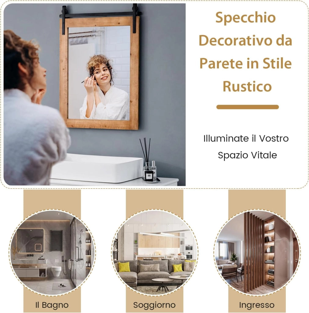Specchio da Parete 76,5 x 56 cm, Specchio Rettangolare con Cornice in Legno e Staffa in Metallo, Specchio da Bagno Corridoio Soggiorno, Bianco (Marrone)
