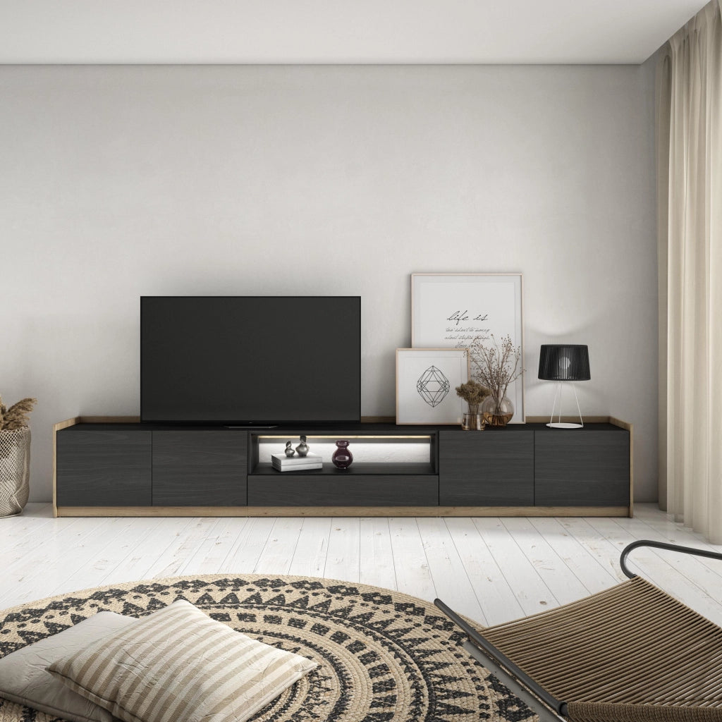 Mobile TV Soggiorno, 310x50x37 cm, Per TV fino a 80", LED, Nero e rovere