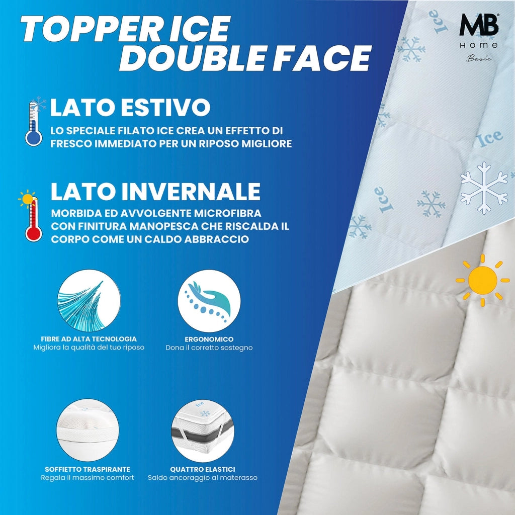 Topper Double Face Matrimoniale Trapuntato 300 gr/mq con Elastici Ice Refrigerante Bianco