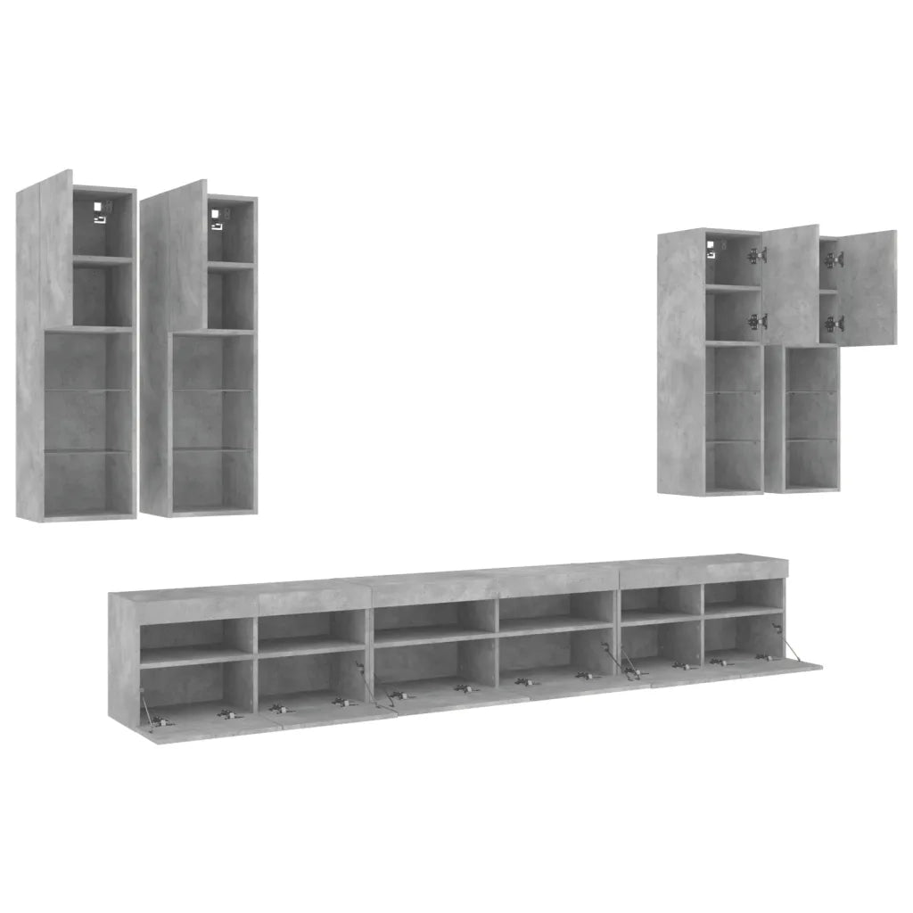 vidaXL Set Mobili TV a Muro 7 pz con Luci LED Grigio Cemento