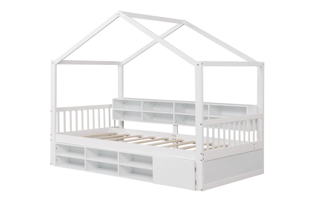 Letto a castello con tetto in legno, Struttura per letto matrimoniale con 14 cubi di stoccaggio Bianco-Lettini per bimbi