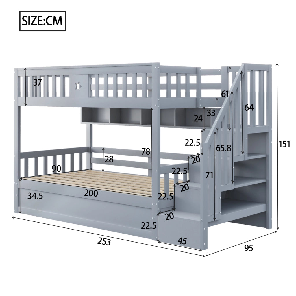 Letto a Soppalco 90x200 cm; Contenitore; Ripiani; Scala con vani; in Legno; Grigio