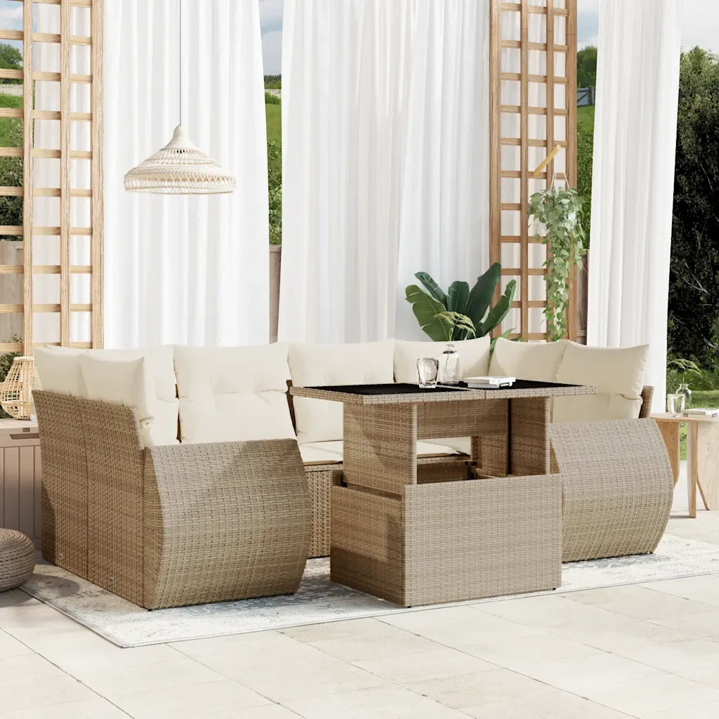 Set Divani da Giardino 7 pz con Cuscini Beige in Polyrattan