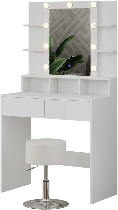 Tavolo da toeletta Taylor, Bianco, 80 cm con illuminazione LED e sgabello, con illuminazione LED e sgabello girevole regolabile in altezza