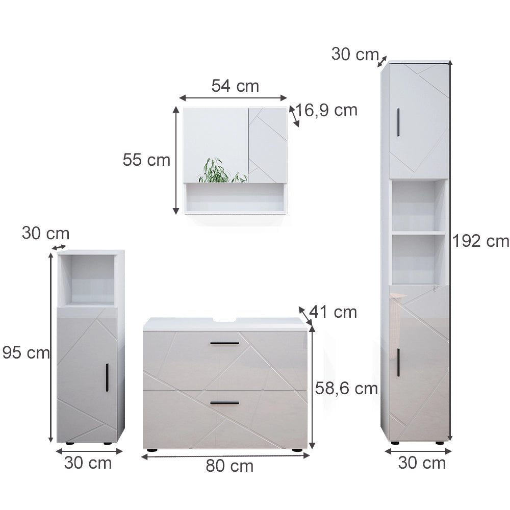 Vicco Set mobili bagno Bianco lucido 4 parti, con cassettiera e colonna