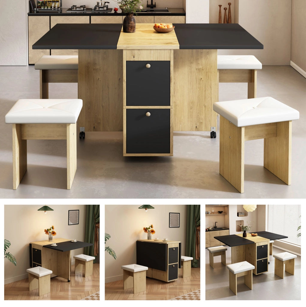 Set tavolo da pranzo pieghevole e rientrante con 4 sedie; bianco e nero