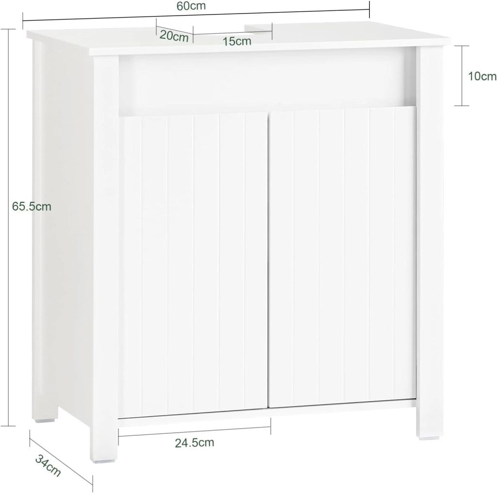 Mobile Sottolavabo Bagno – Mobiletto Bagno con 2 Ante, Ripiano Regolabile & Coprisifone – Mobile Bagno Salvaspazio Compatto, Bianco, 60x65,5x34cm BZR101-W