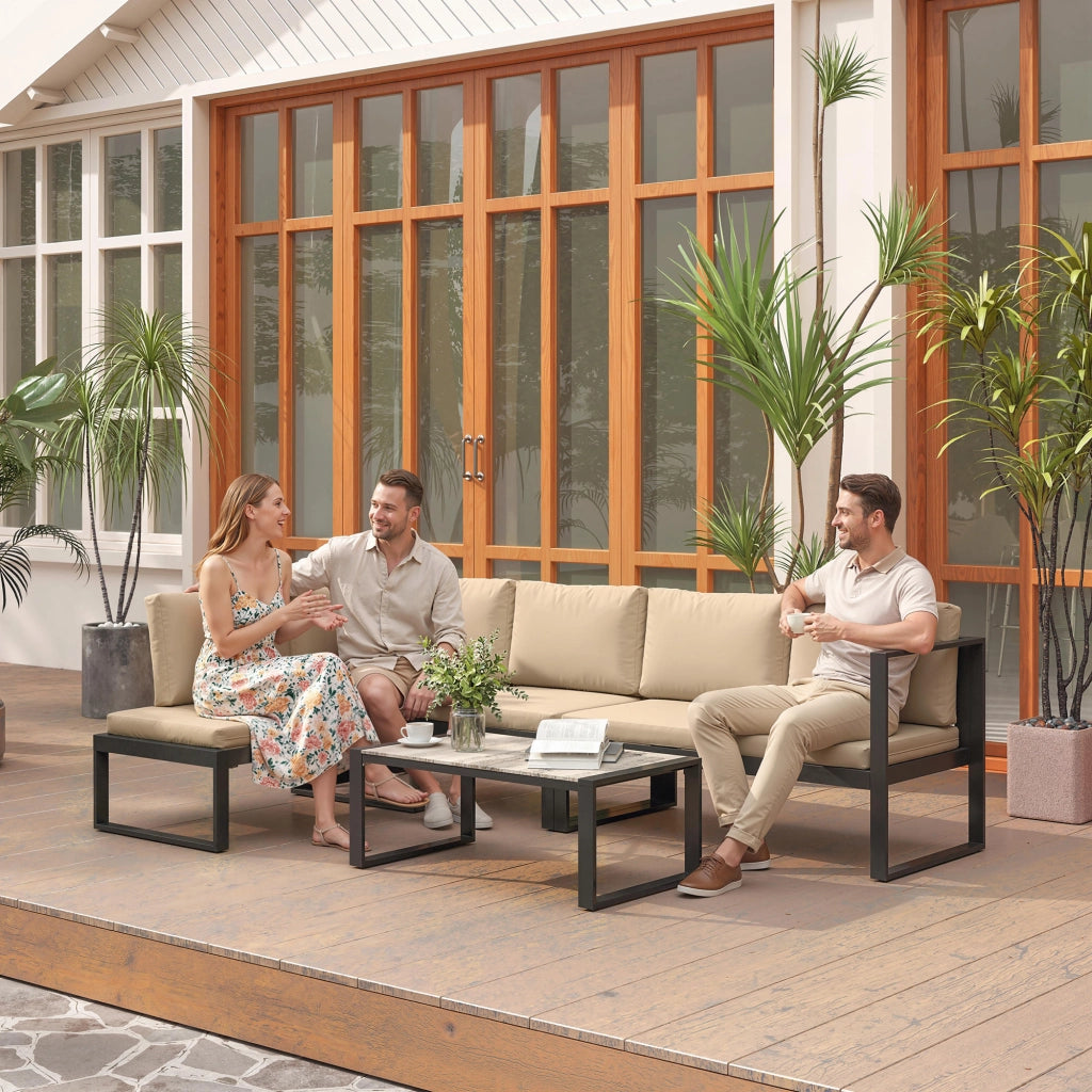 Set di mobili da giardino a 4 pezzi; 2 divani da 2 posti; poltrona senza braccioli e tavolino da caffè; kaki