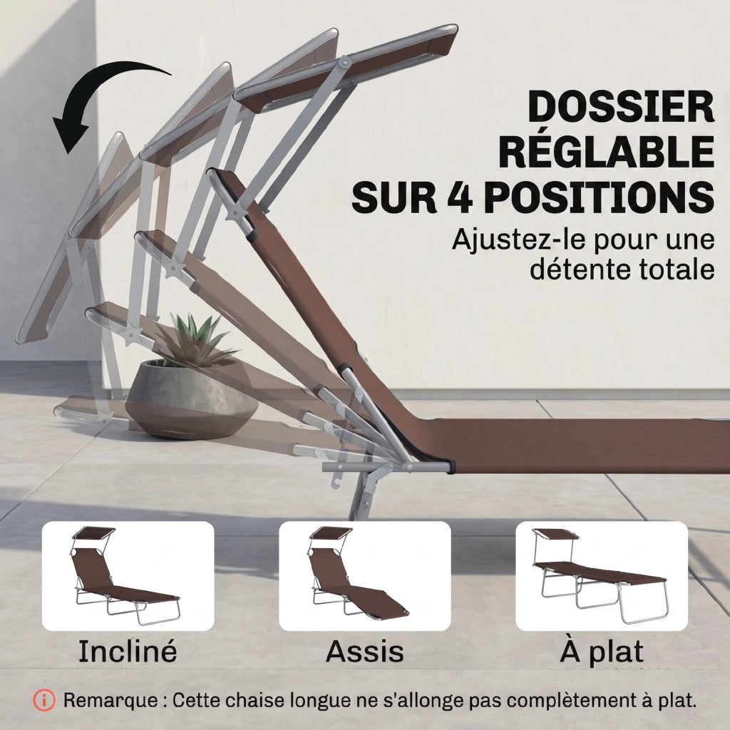 Transat pieghevole con schienale regolabile e parasole ¨C zephmum ¨C marrone 187x58x36cm
