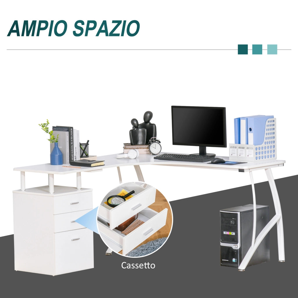 Easycomfort Scrivania Angolare con Cassettiera, Scrivania Ufficio Porta PC in Legno e Metallo, Bianco, 143.5x143.5x76cm