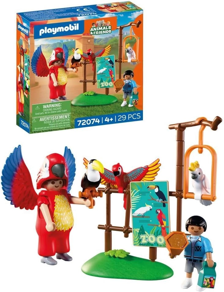 PLAYMOBIL | Animals & Friends | Zoo Mascotte | Mascotte dello zoo | uomo in costume da pappagallo con 3 uccelli tropical