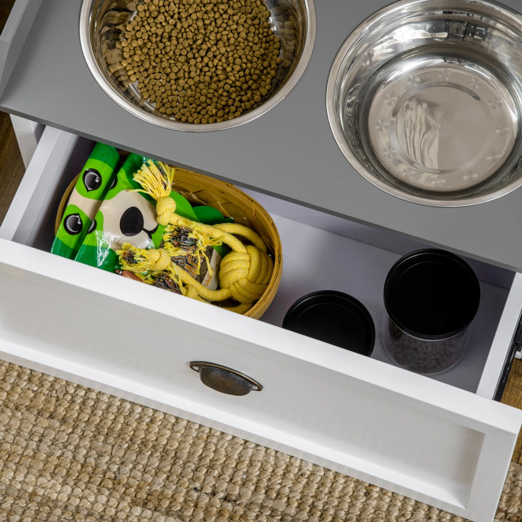 Scaffale con ciotole estraibili e cassetto portaoggetti in acciaio inox per cani grandi bianco 60 × 30 × 36 cm