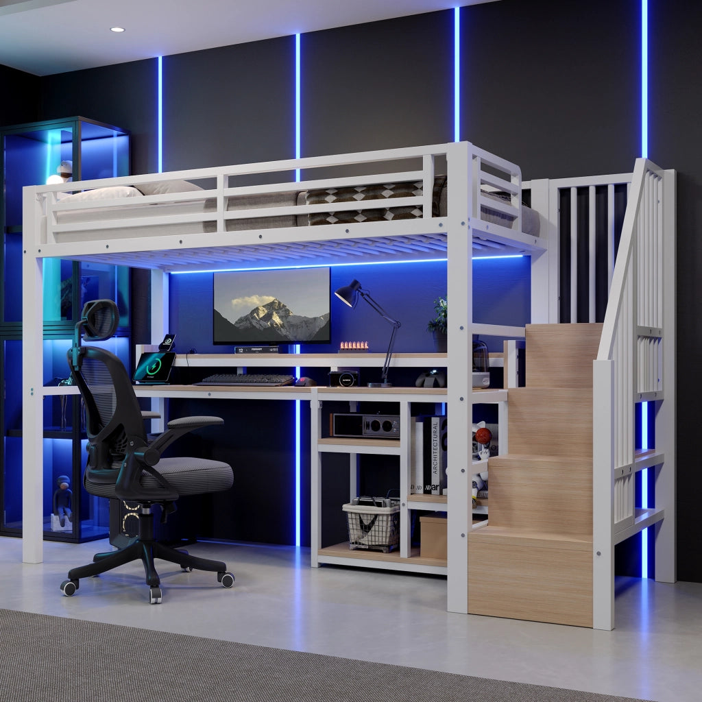 Letto a soppalco in metallo 90x200 cm, letto alto per bambini e ragazzi con scala contenitore, prese USB/Type-C, ripiano e illuminazione LED, bianco