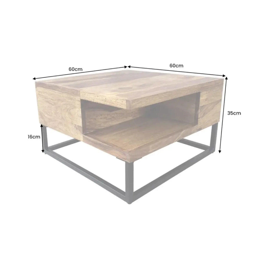 Tavolino basso GRADI 60 cm in legno massiccio di Sheesham e metallo – Tavolino basso quadrato industriale con nicchia