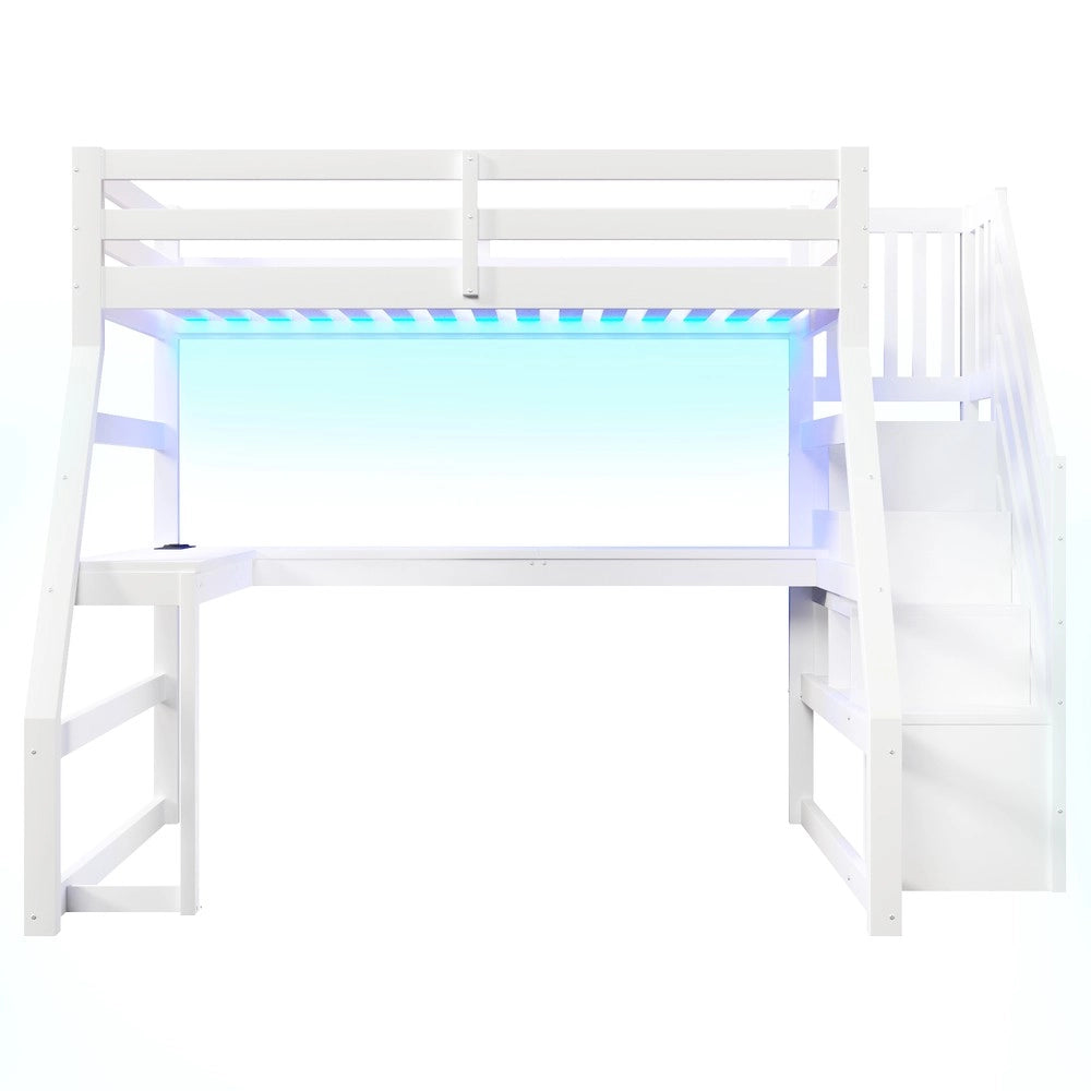 Letto a Soppalco in Legno con Scrivania, LED e Scala con Contenitore ¨C MINIMAL ¨C Bianco 90x200