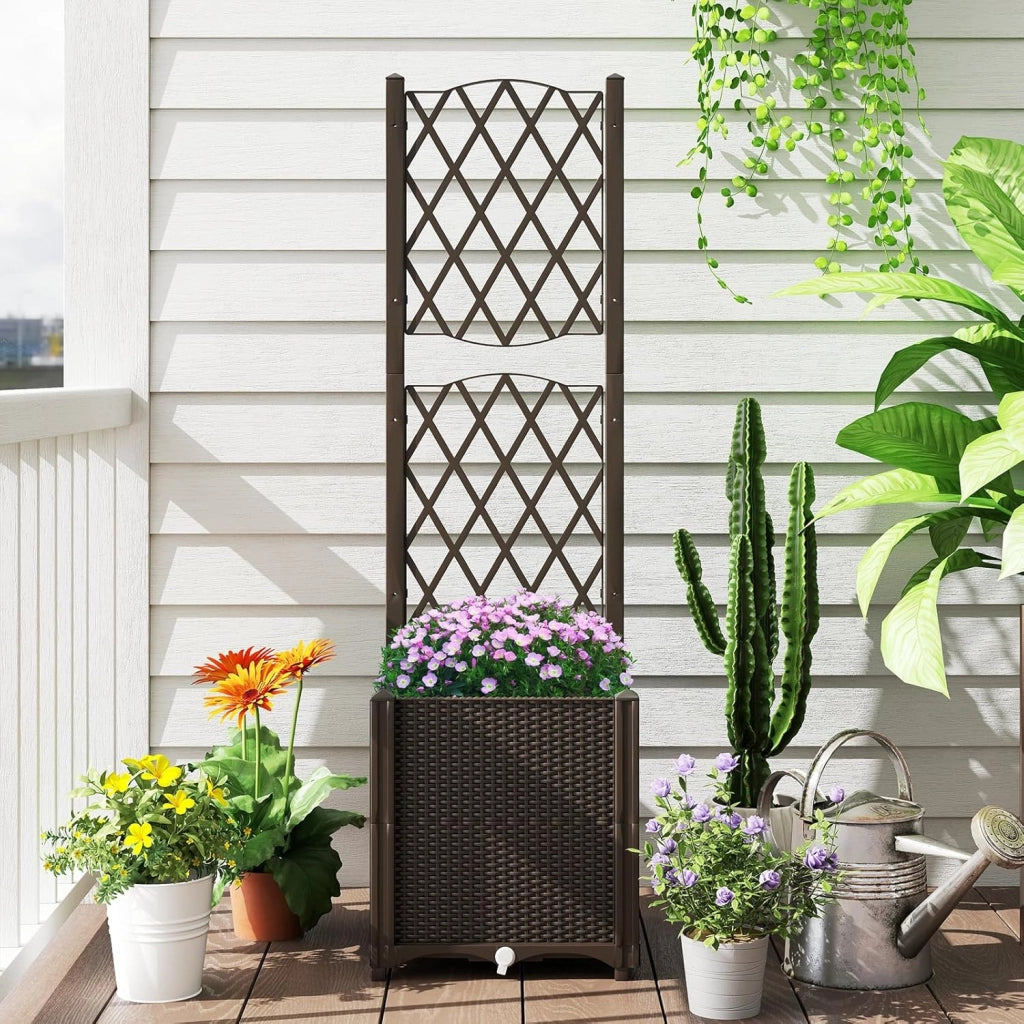 Letto da Giardino Elevato con Trellis a Lattice, Fioriera Autoinnaffiata per Piante Rampicanti, Fiori e Verdure, Fioriera Verticale da Interni e Esterni (Marrone,40 x 40 x 140 cm)