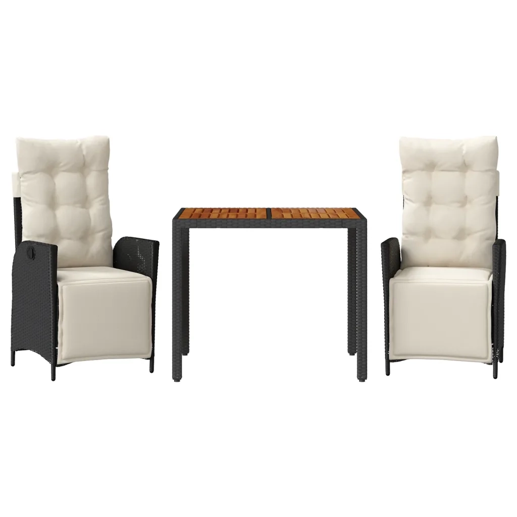 Set da Pranzo da Giardino 3 pz | Set Salotto da Giardino con Cuscini Nero in Polyrattan