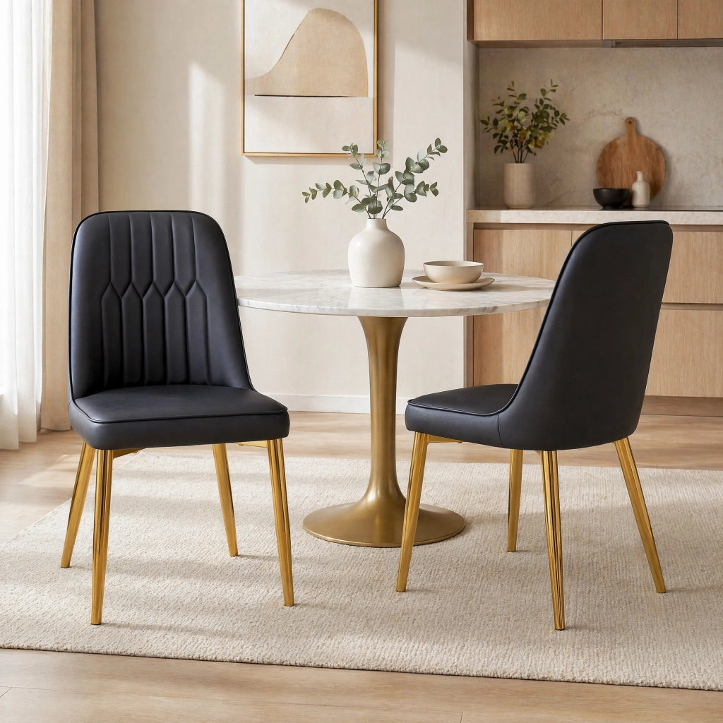Sedia da pranzo moderna in PU nero e oro; 89 cm; con gambe in metallo