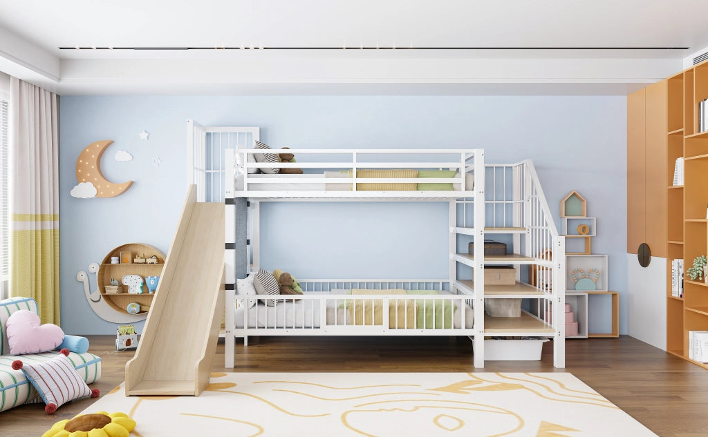 Letto a soppalco per bambini in metallo con scivolo, scala contenitore e ripiani integrati, 90x200 cm, bianco