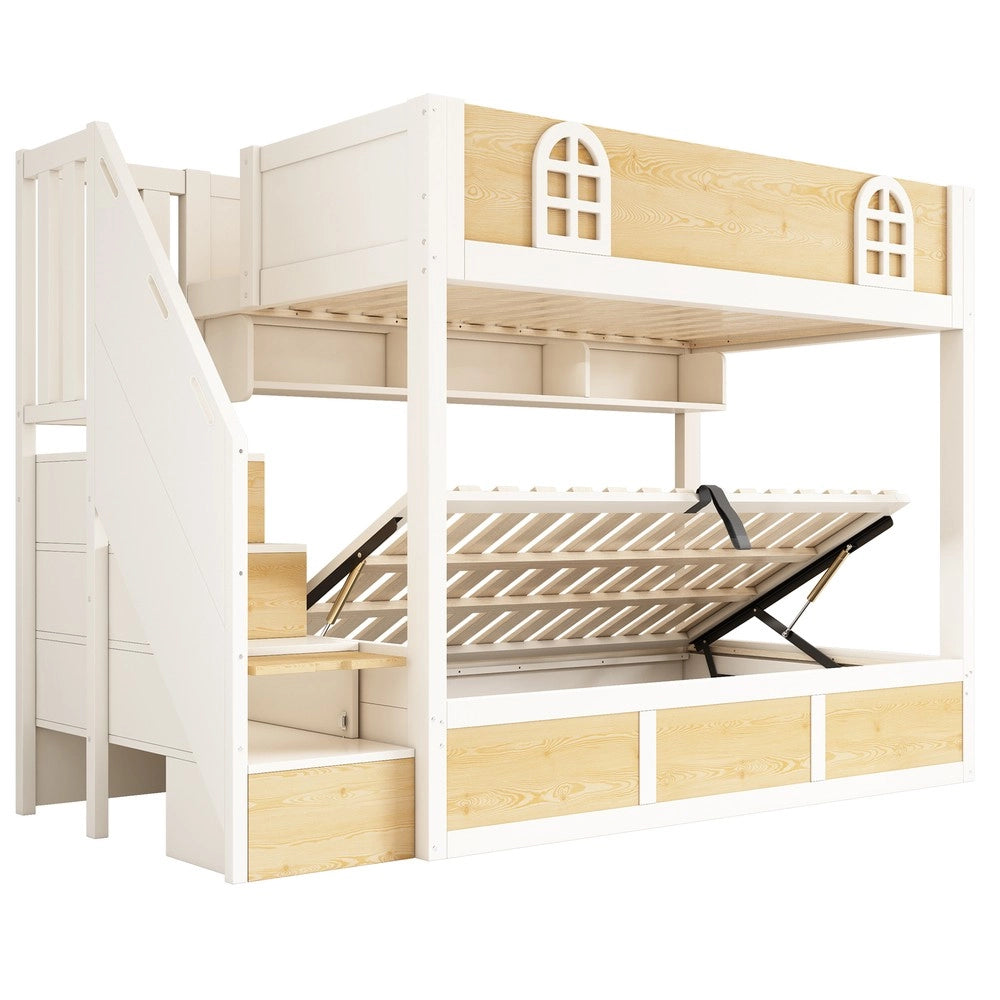 Letto a Castello per Bambini con Scaletta Contenitore ¨C MINIMAL ¨C Bianco/Legno, 90x200, Rete a Doghe