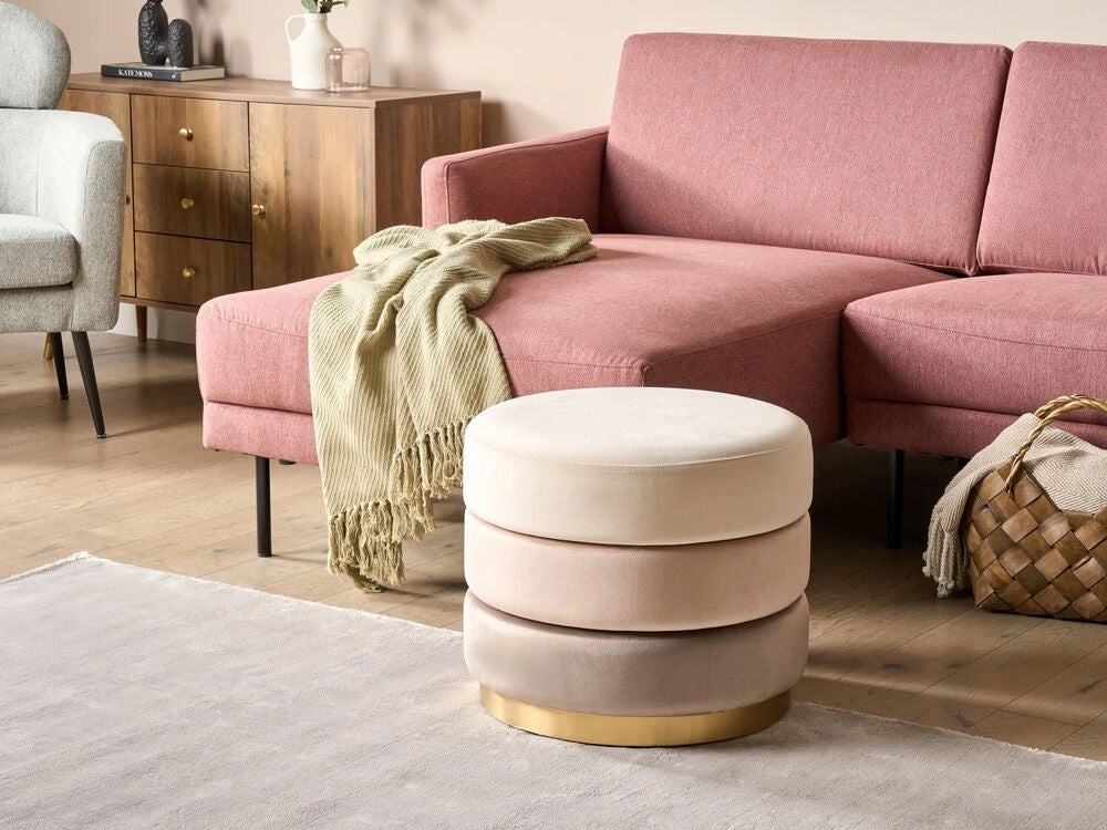Pouf in tessuto di velluto di colore beige rotondo con base in oro glamour stile moderno