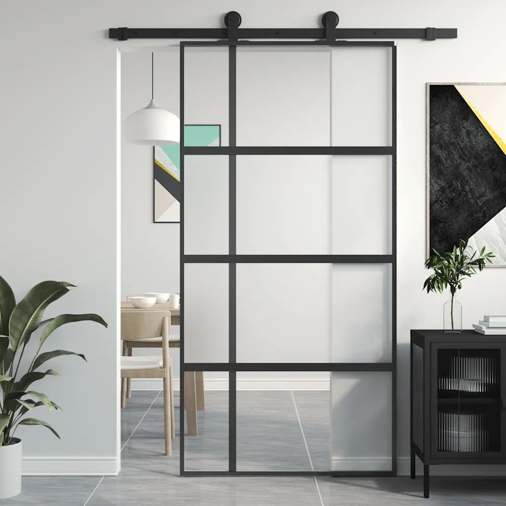 Porta Scorrevole Nera 102,5x205 cm Vetro Temperato e Alluminio 155230