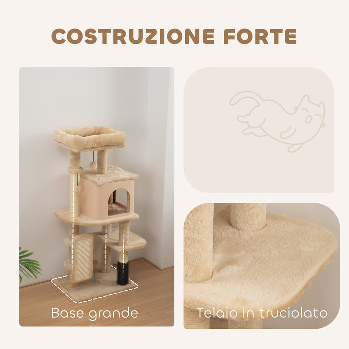 Albero per Gatti Multilivello Alto 104 cm con Casetta Lettino Pali Tiragraffi Spazzola e Pallina Beige