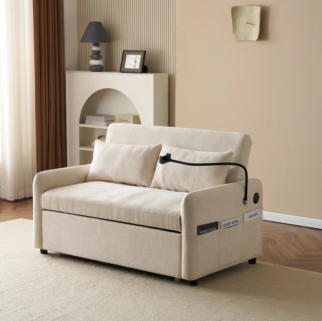 Divano letto 2 posti estraibile in ciniglia beige con USB