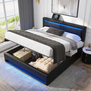 Letto imbottito 140 x 200 cm con USB, LED, contenitore, struttura a doghe, PU nero