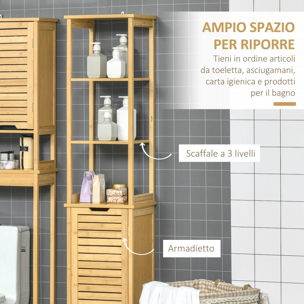 Mobile Bagno a Colonna in Bambù con 3 Ripiani e 1 Credenza Design a Doghe Salvaspazio 34x30x173cm