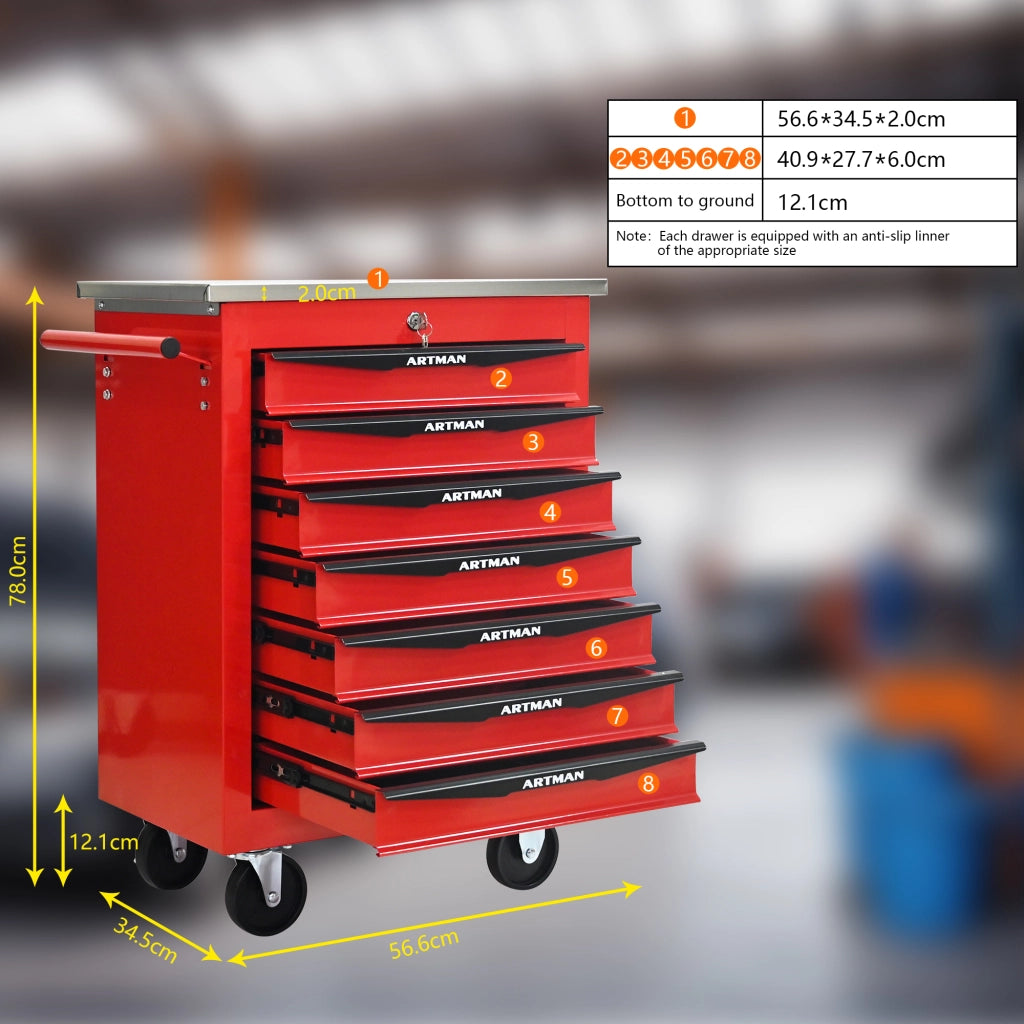 Mobile contenitore portautensili con 7 cassetti e ruote, chiusura a chiave, in acciaio, rosso nero, 62,5 × 34,5 × 78 cm
