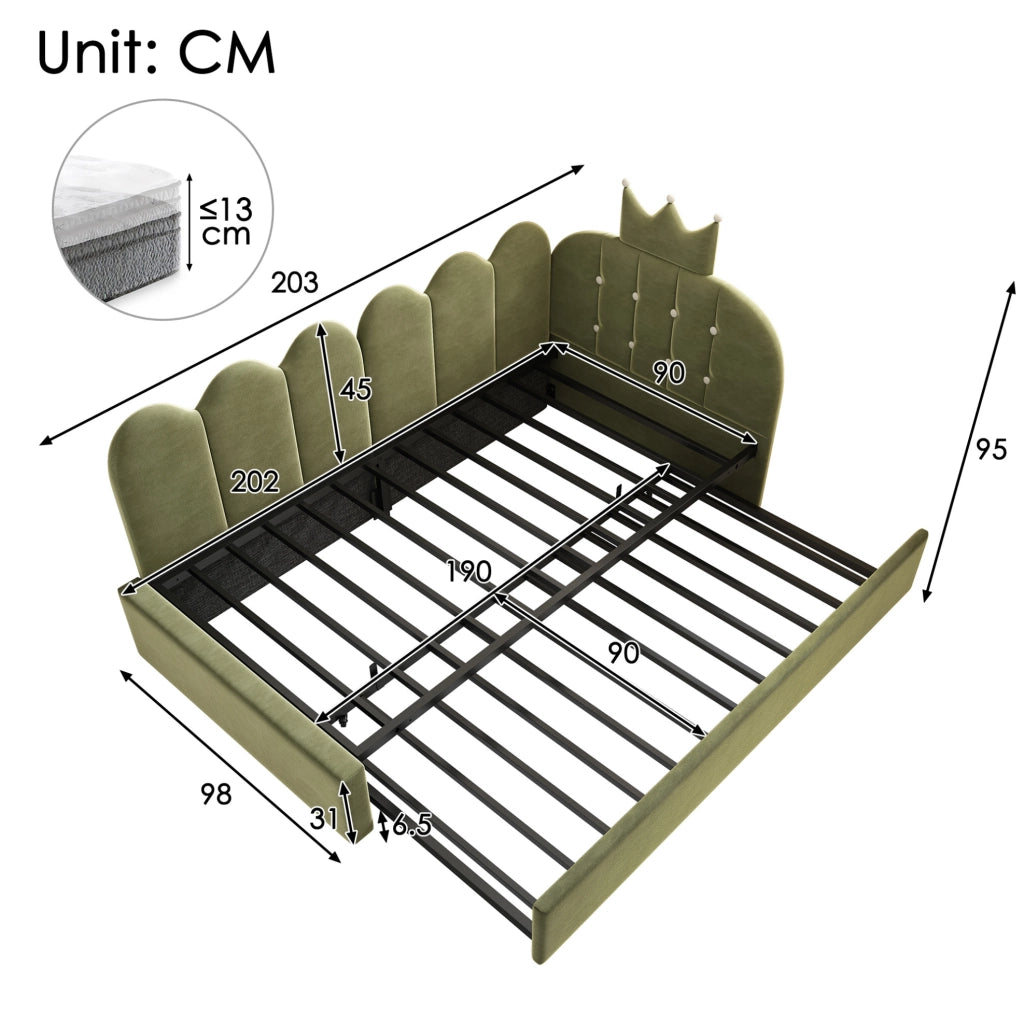 Letto daybed con letto estraibile 90x200 cm in velluto verde; design a corona