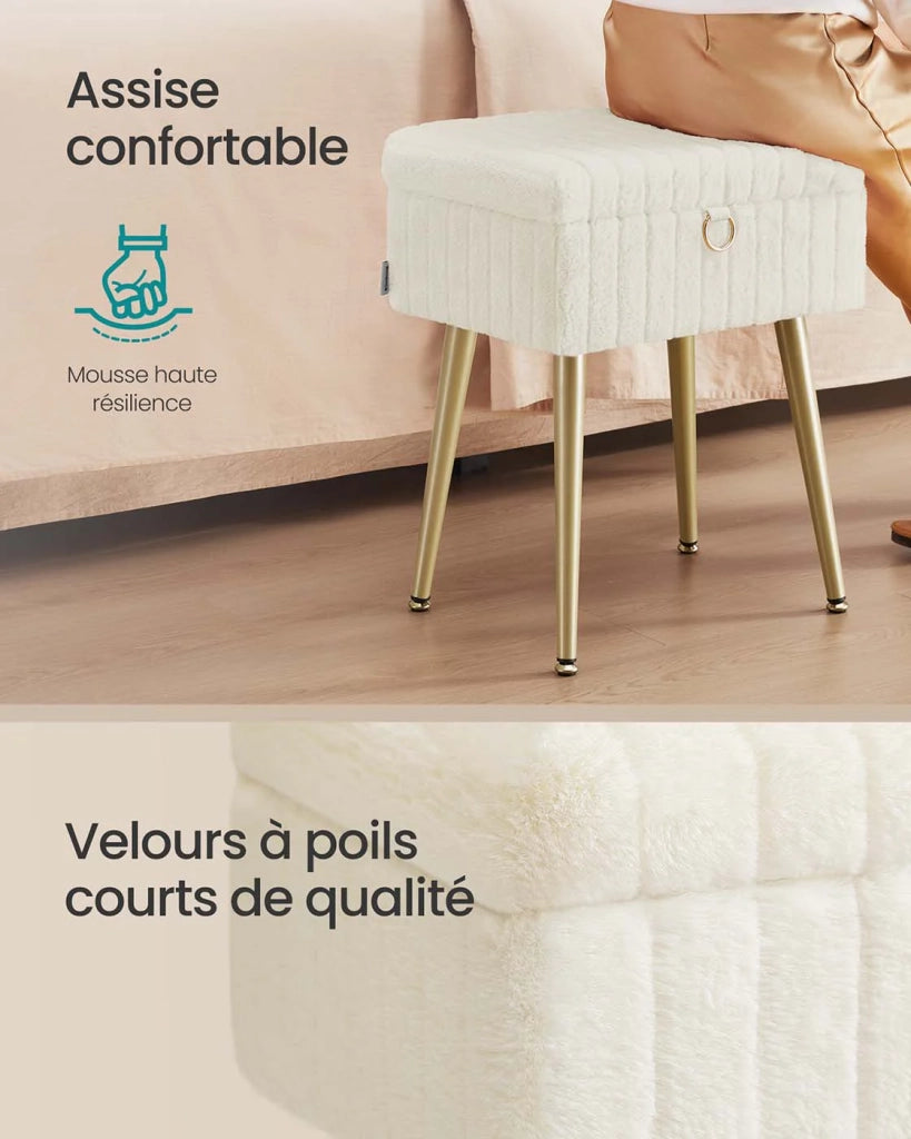Sgabello da toeletta con contenitore e poggiapiedi 30 x 40 x 50 cm metallo imbottito piedini regolabili per soggiorno camera da letto cabina armadio beige 12_0008034