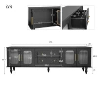 Mobile Porta TV in Stile Retro con Maniglie Dorate, Ampio Spazio di Stoccaggio, Porta in Vetro e Gambe in Legno Massello, 175x38x55,5 cm, Nero