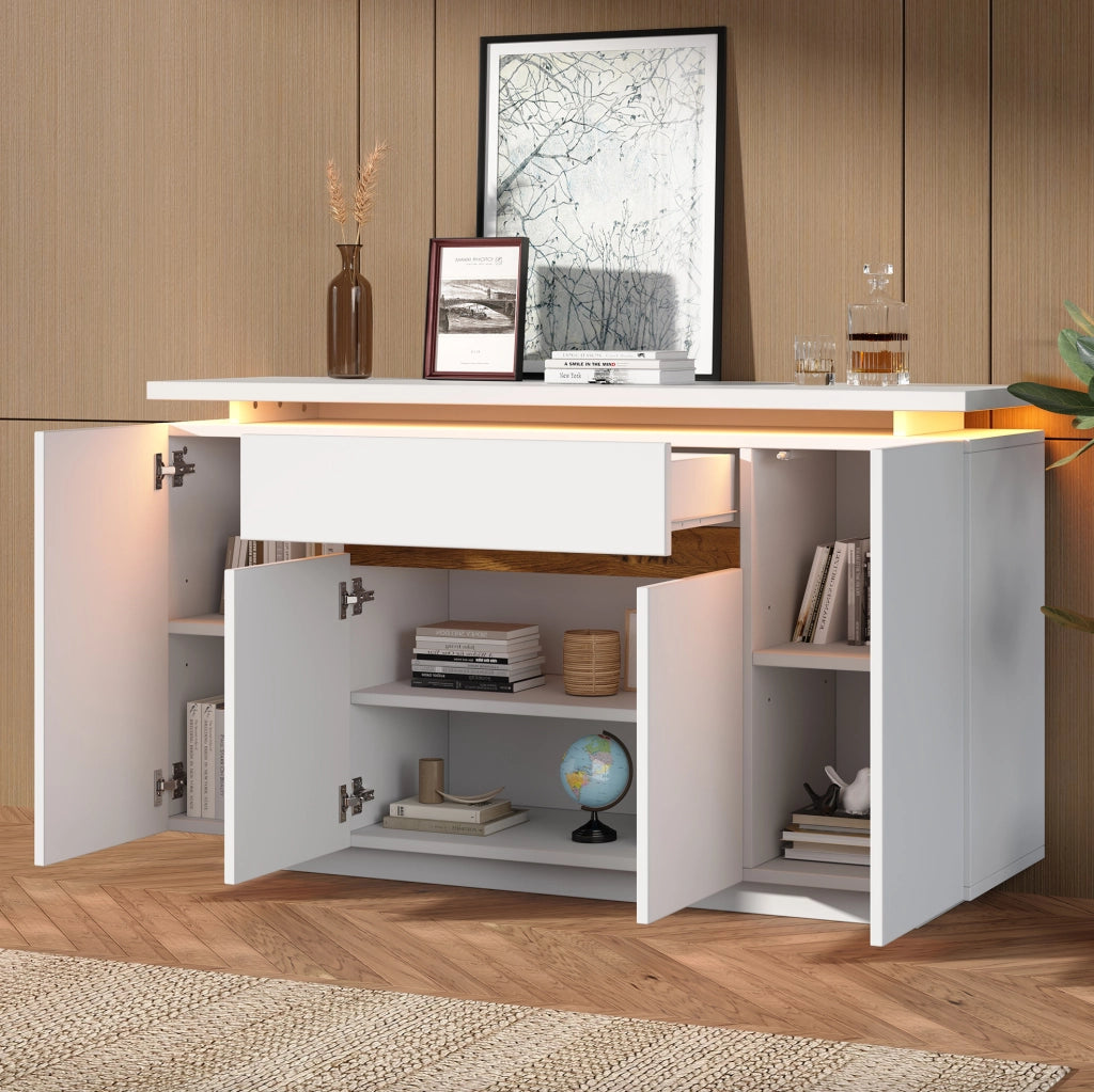 Credenza con illuminazione LED; 1 cassetto e 4 ante; 140x40x80 cm; bianca