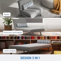 Poltrona Letto Singolo 3 in 1 con Schienale Reclinabile su 5 Livelli, Cuscino Imbottito e Materasso, Divano Letto Singolo Pieghevole per Soggiorno, in Acciaio e Lino, 75x70x75cm, Grigio Chiaro