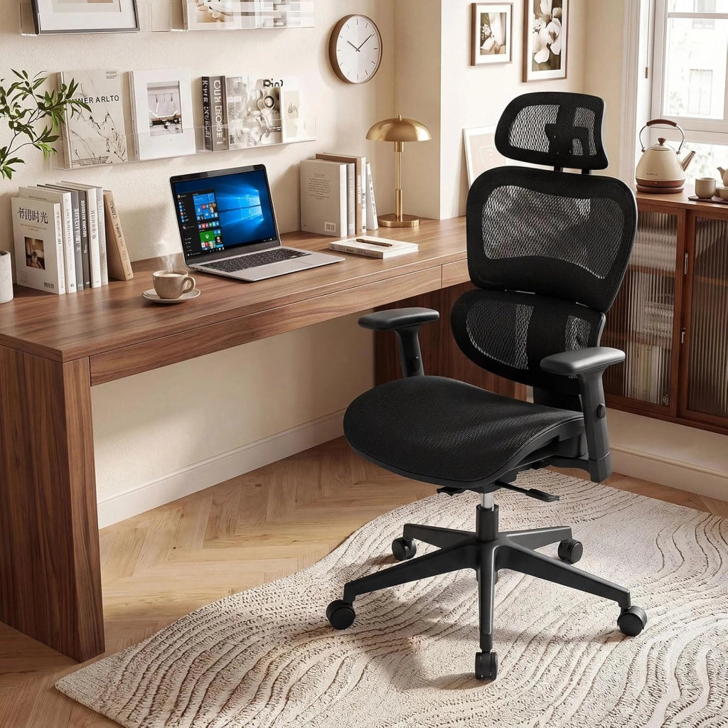 Sedia da Ufficio Ergonomica, Schienale Reclinabile | Poggiatesta Regolabile e Supporto Lombare, Altezza Regolabile, Poltrona con Ruote per Studio, Portata 125 kg
