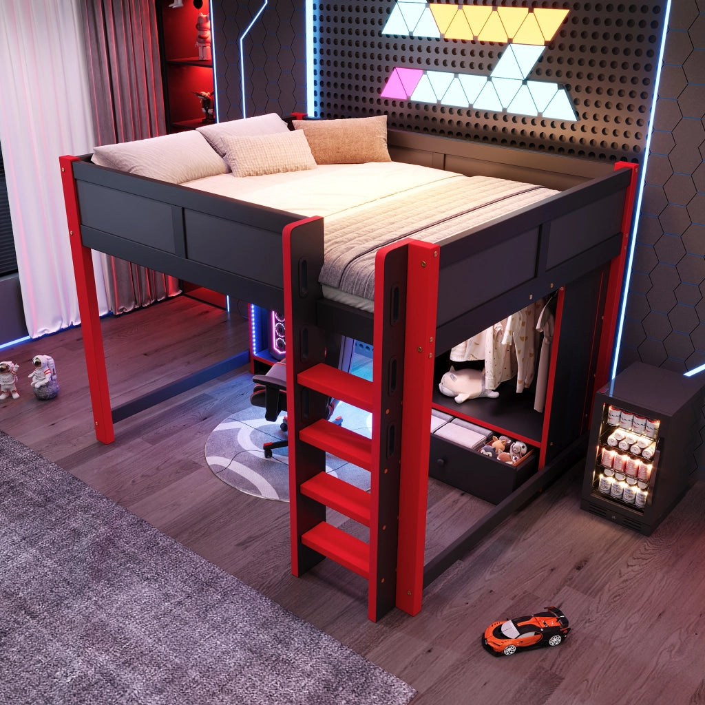 Letto a castello nero rosso con illuminazione LED in pino 140x200 cm