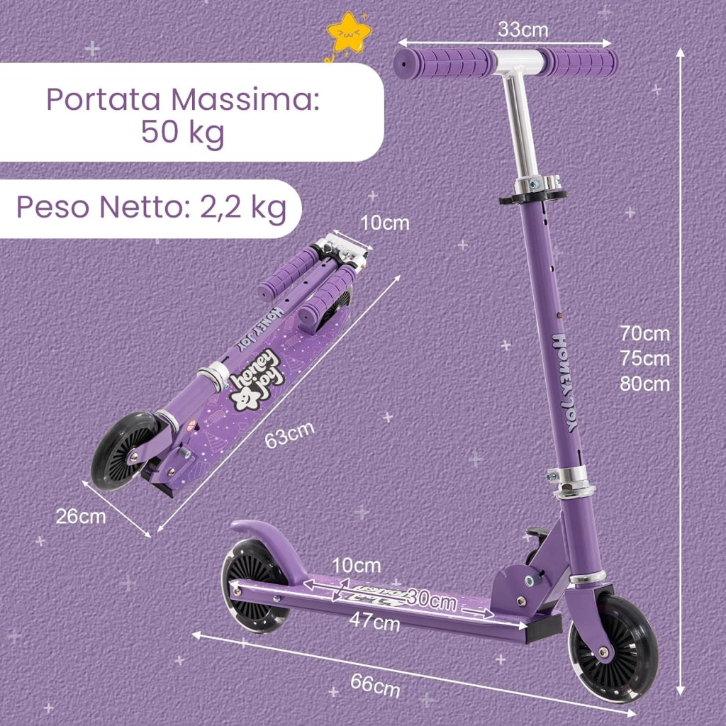 Monopattino Bambini, Monopattino Bambino e Bambina +3 Anni Pieghevole con 2 Ruote Lampeggianti, Manubrio Regolabile e Freno (Viola)