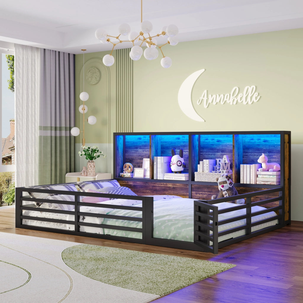 Letto 140x200 cm con LED; sponde e vani portaoggetti in MDF e metallo nero