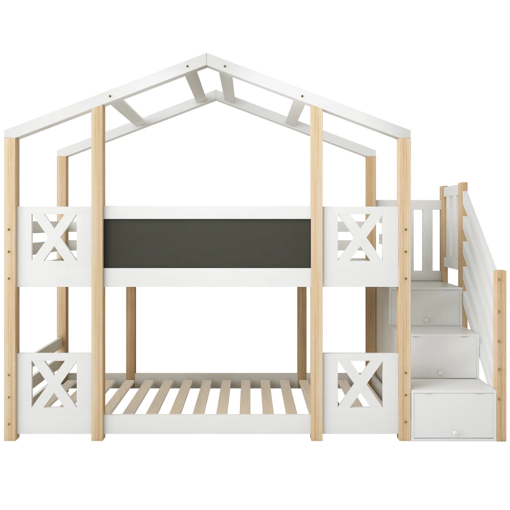 Letto a Castello 90×200 cm; Letto Singolo con Scala Contenitore; Lavagna e Sponde; senza Materasso
