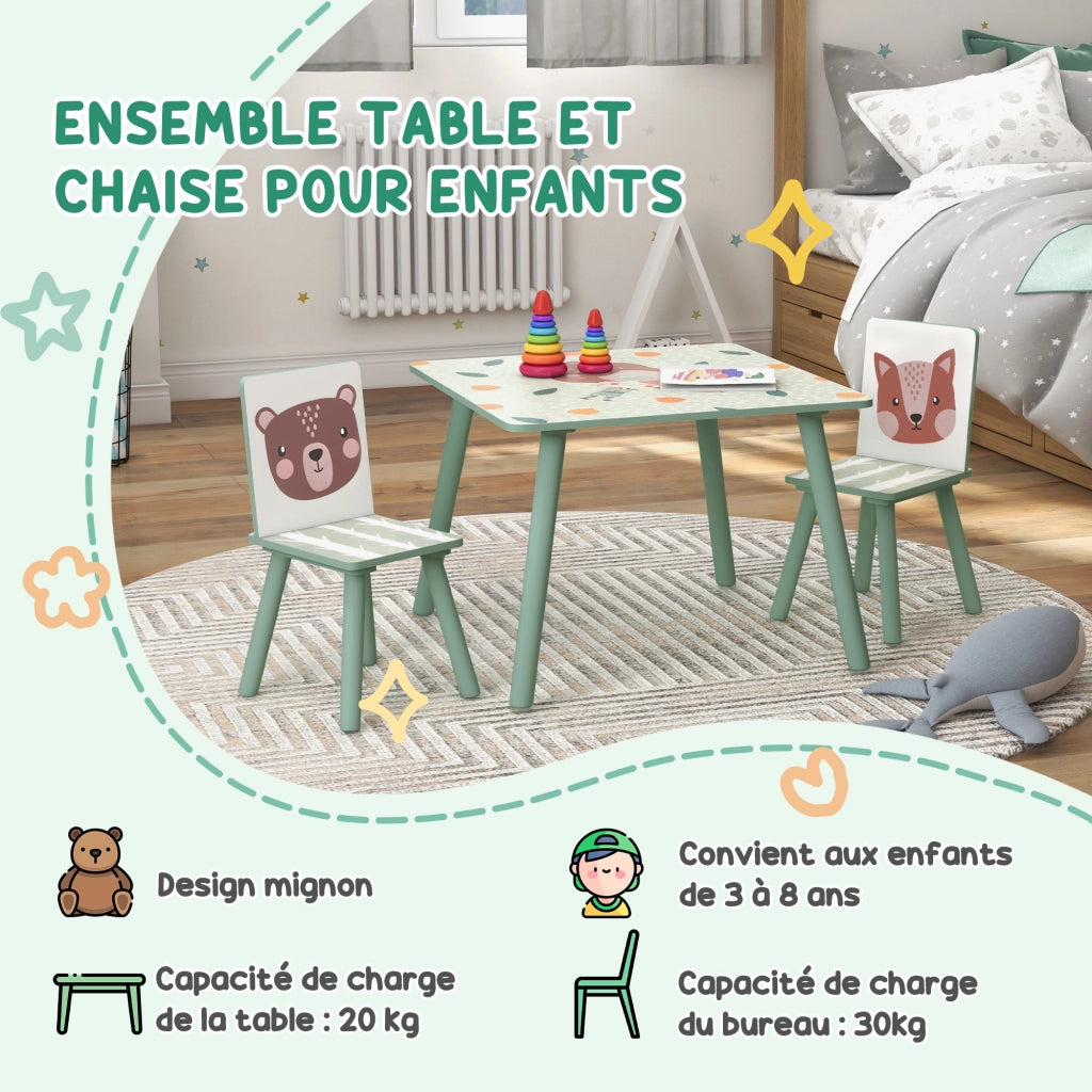 Tavolo per bambini con sedie ¨C zephmum ¨C 3 pezzi verde motivo animali